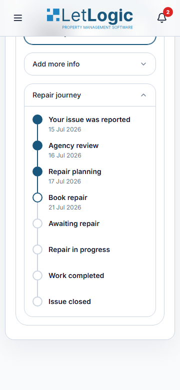 The tenant repair journey in the LetLogic mobile portal